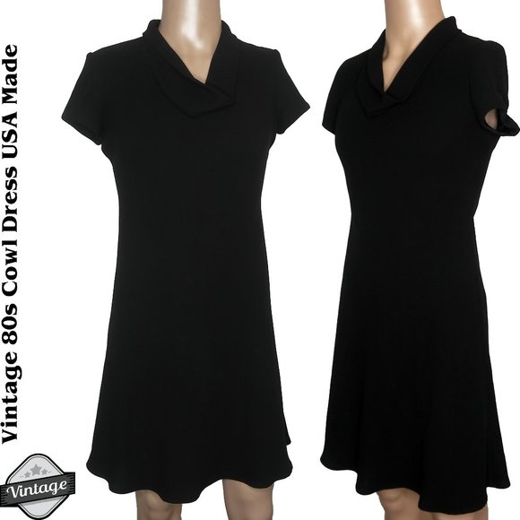 Vintage Dresses & Skirts - Vintage 80s Black Cowl Neck Little Black Dress